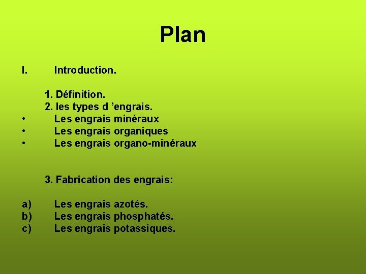 Plan I. Introduction. 1. Définition. 2. les types d ’engrais. • Les engrais minéraux