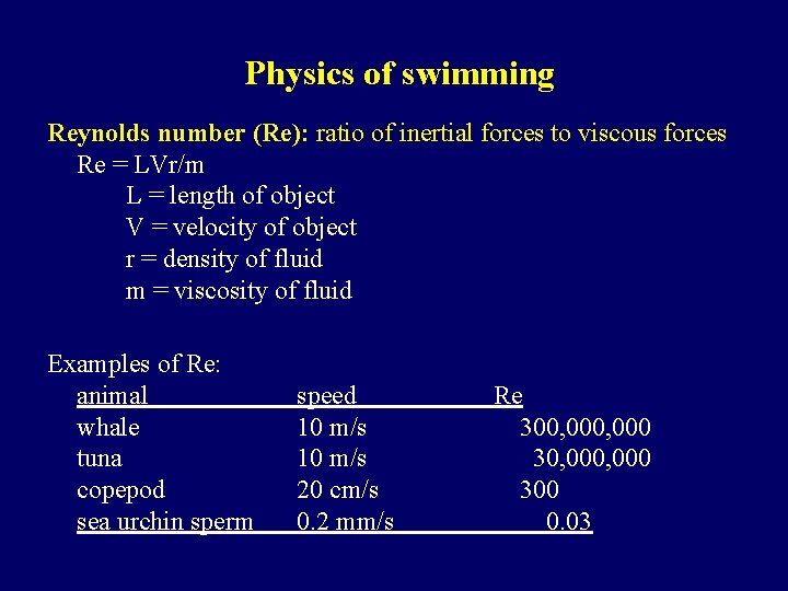 Physics of swimming Reynolds number (Re): ratio of inertial forces to viscous forces Re
