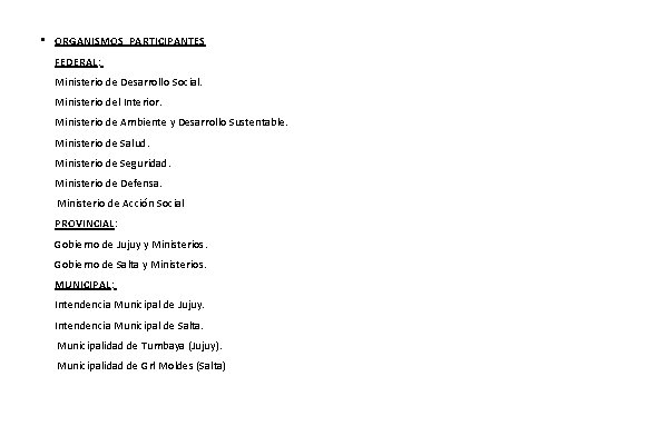  • ORGANISMOS PARTICIPANTES FEDERAL: Ministerio de Desarrollo Social. Ministerio del Interior. Ministerio de