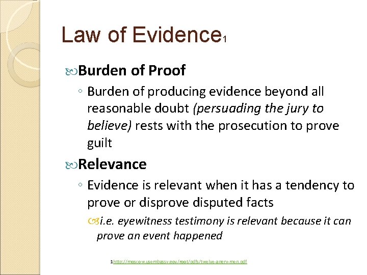 Law of Evidence 1 Burden of Proof ◦ Burden of producing evidence beyond all