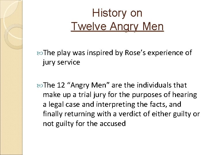 History on Twelve Angry Men The play was inspired by Rose’s experience of jury