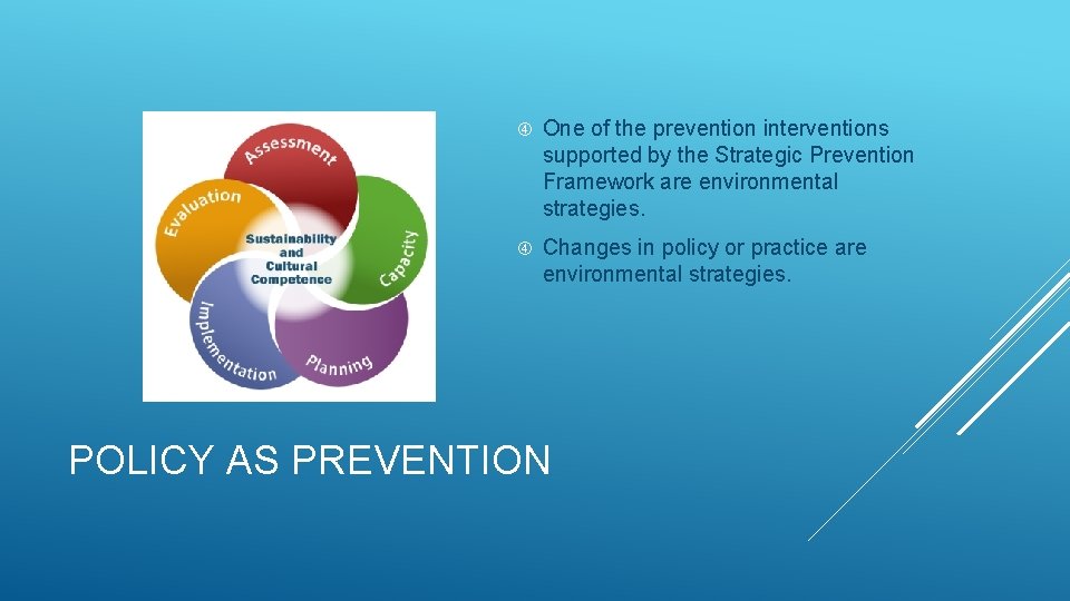  One of the prevention interventions supported by the Strategic Prevention Framework are environmental