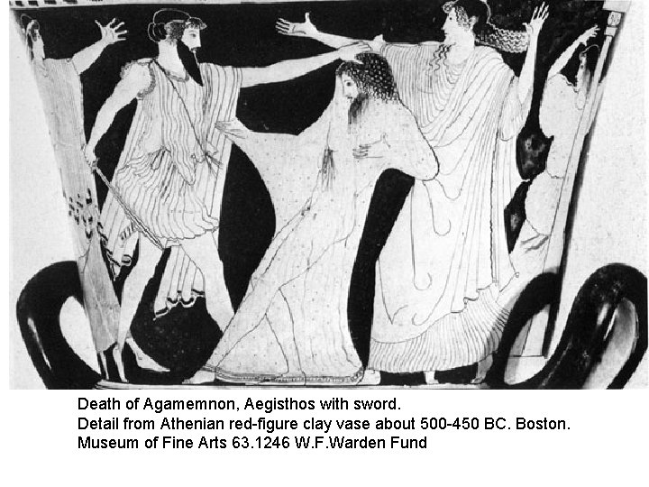 Death of Agamemnon, Aegisthos with sword. Detail from Athenian red-figure clay vase about 500