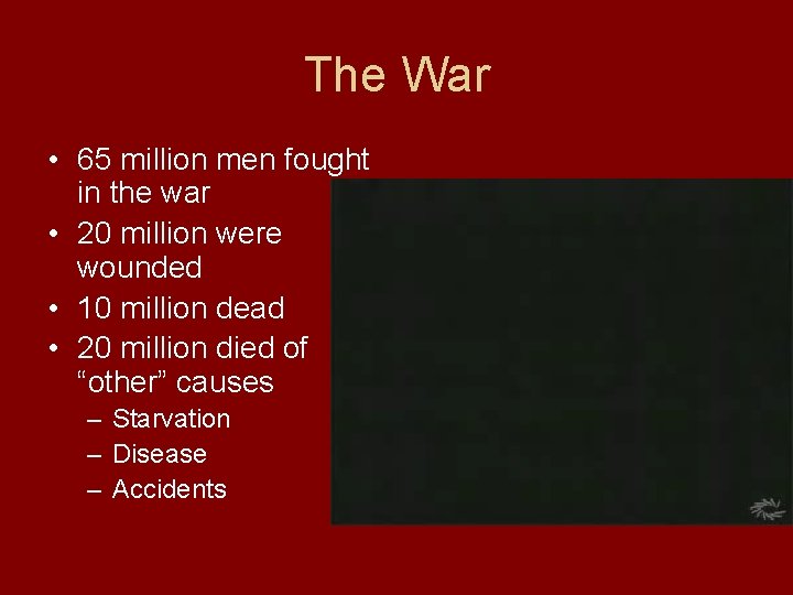 The War • 65 million men fought in the war • 20 million were