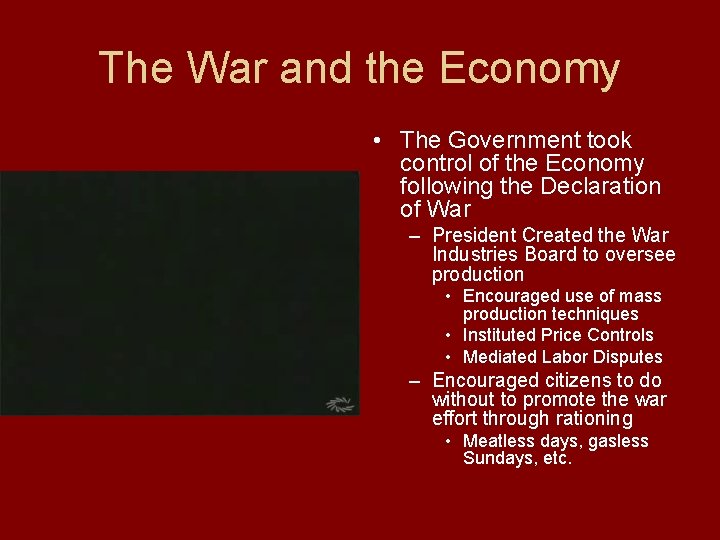 The War and the Economy • The Government took control of the Economy following