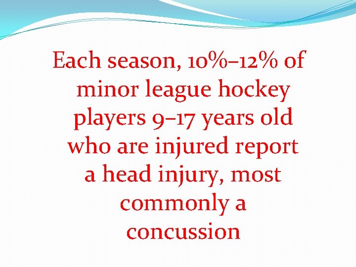 Each season, 10%– 12% of minor league hockey players 9– 17 years old who