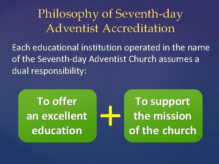 Philosophy of Seventh-day Adventist Accreditation Each educational institution operated in the name of the