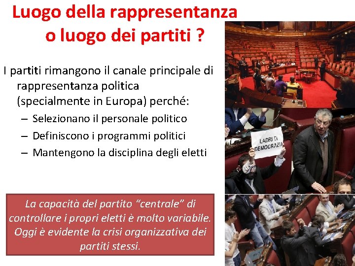 Luogo della rappresentanza o luogo dei partiti ? I partiti rimangono il canale principale