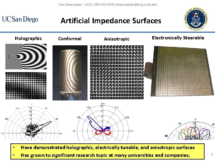 Dan Sievenpiper - UCSD, 858 -822 -6678, dsievenpiper@eng. ucsd. edu Artificial Impedance Surfaces Holographic