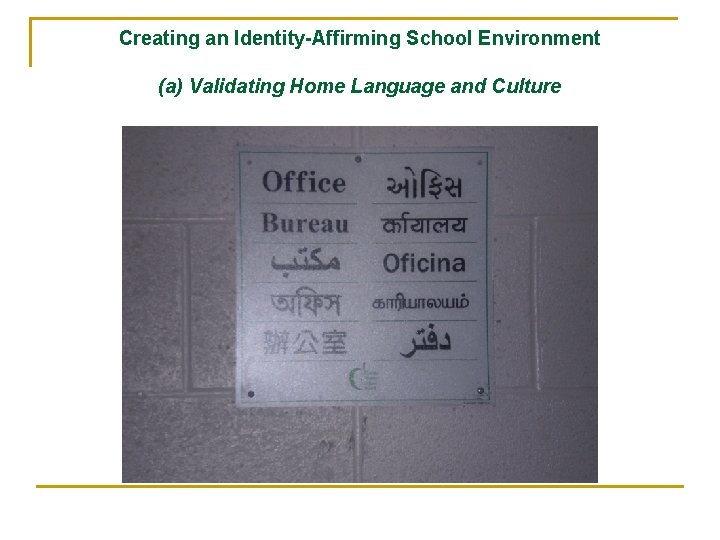Creating an Identity-Affirming School Environment (a) Validating Home Language and Culture 
