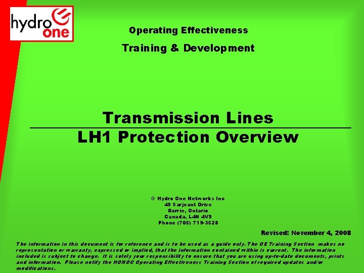Operating Effectiveness Training & Development Transmission Lines LH 1 Protection Overview Hydro One Networks