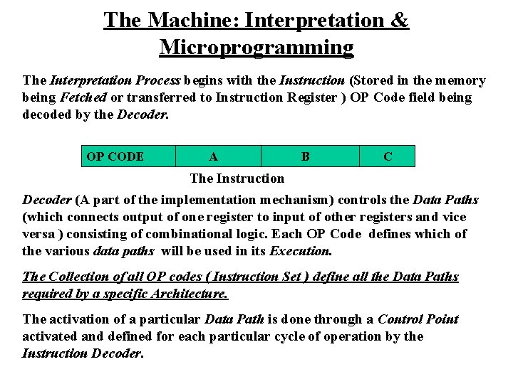 The Machine: Interpretation & Microprogramming The Interpretation Process begins with the Instruction (Stored in