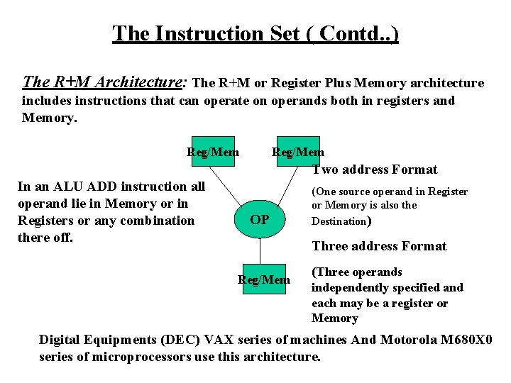 The Instruction Set ( Contd. . ) The R+M Architecture: The R+M or Register