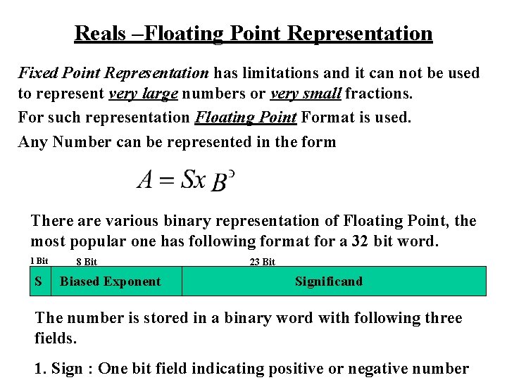 Reals –Floating Point Representation Fixed Point Representation has limitations and it can not be