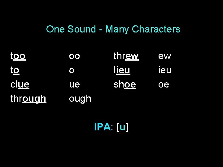 One Sound - Many Characters too to clue through oo o ue ough threw