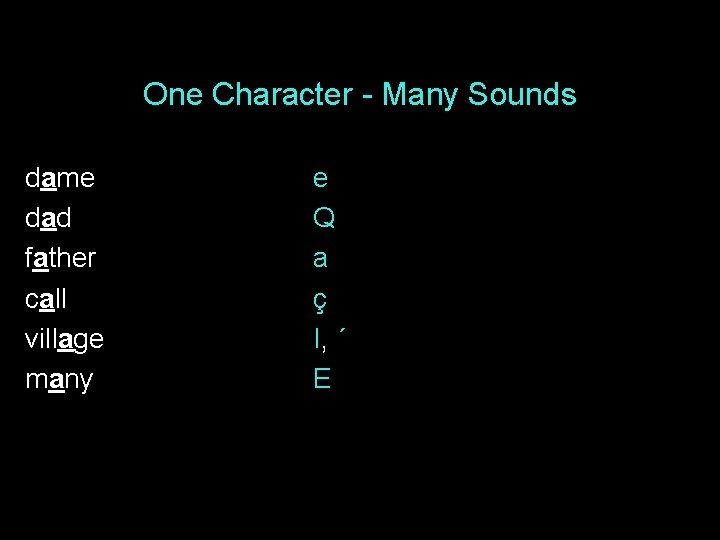 One Character - Many Sounds dame dad father call village many e Q a