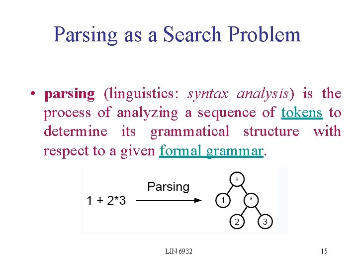 Parsing as a Search Problem • parsing (linguistics: syntax analysis) is the process of