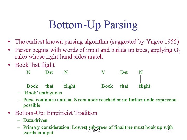 Bottom-Up Parsing • The earliest known parsing algorithm (suggested by Yngve 1955) • Parser