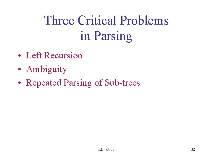 Three Critical Problems in Parsing • Left Recursion • Ambiguity • Repeated Parsing of