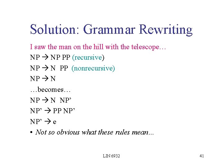 Solution: Grammar Rewriting I saw the man on the hill with the telescope… NP Solution: Grammar Rewriting I saw the man on the hill with the telescope… NP
