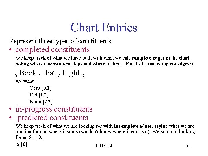 Chart Entries Represent three types of constituents: • completed constituents We keep track of