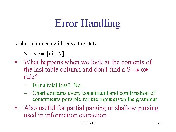 Error Handling Valid sentences will leave the state S , [nil, N] • What
