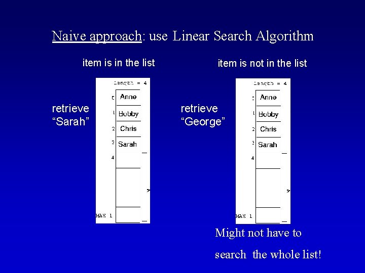 Naive approach: use Linear Search Algorithm item is in the list retrieve “Sarah” item