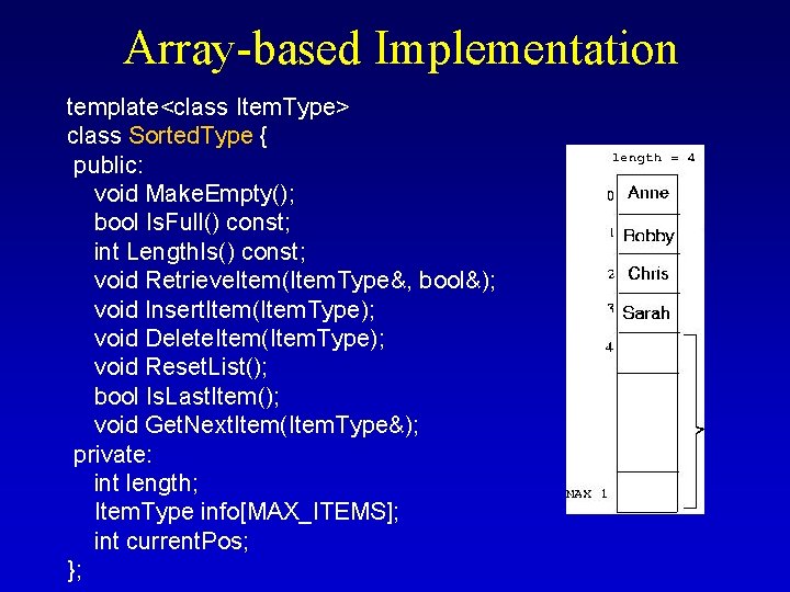 Array-based Implementation template<class Item. Type> class Sorted. Type { public: void Make. Empty(); bool