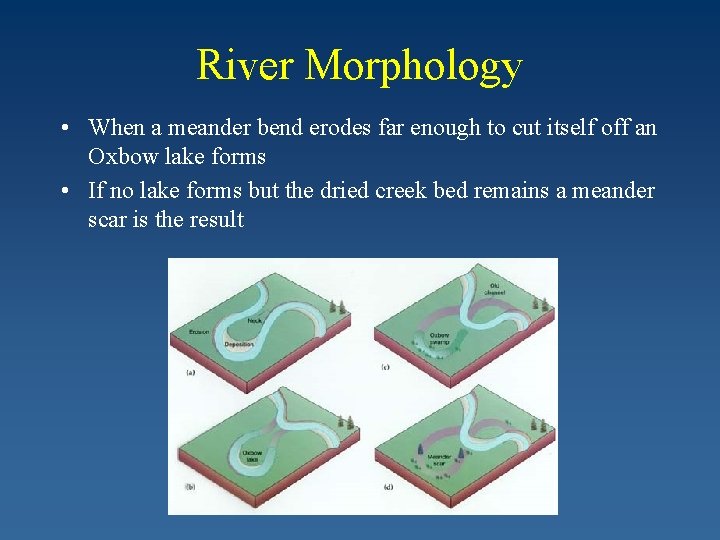 River Morphology • When a meander bend erodes far enough to cut itself off