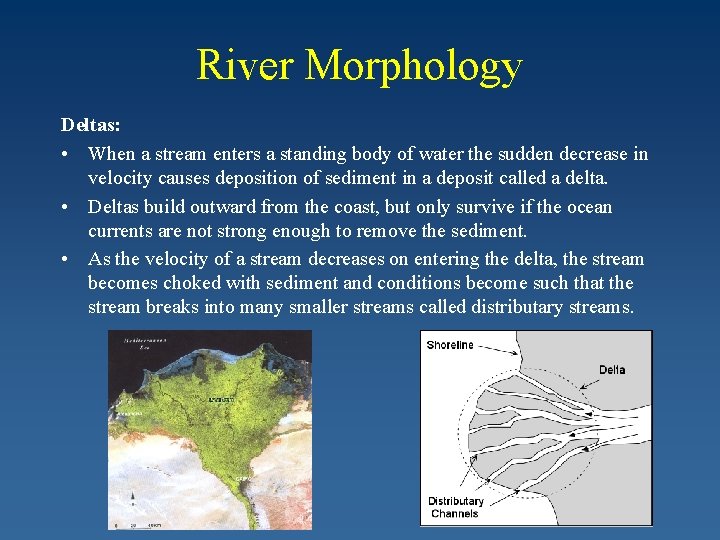 River Morphology Deltas: • When a stream enters a standing body of water the