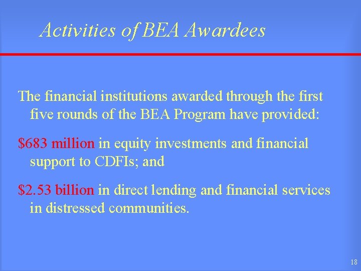 Activities of BEA Awardees The financial institutions awarded through the first five rounds of