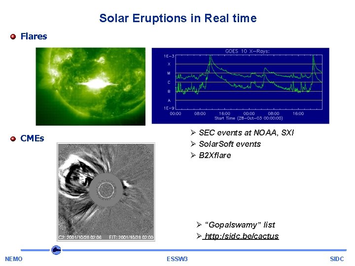 Solar Eruptions in Real time Flares Ø SEC events at NOAA, SXI Ø Solar.