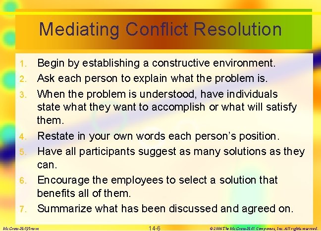 Mediating Conflict Resolution 1. 2. 3. 4. 5. 6. 7. Begin by establishing a