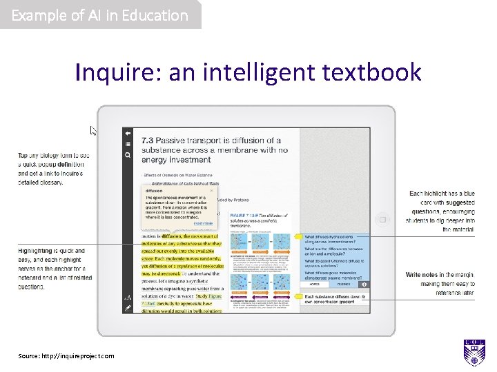 Example of AI in Education Inquire: an intelligent textbook Source: http: //inquireproject. com 