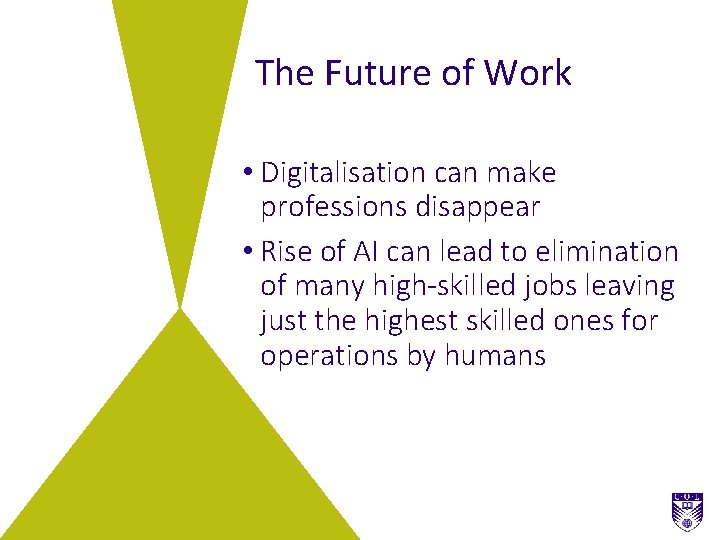 The Future of Work • Digitalisation can make professions disappear • Rise of AI