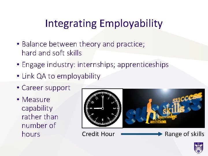 Integrating Employability • Balance between theory and practice; hard and soft skills • Engage