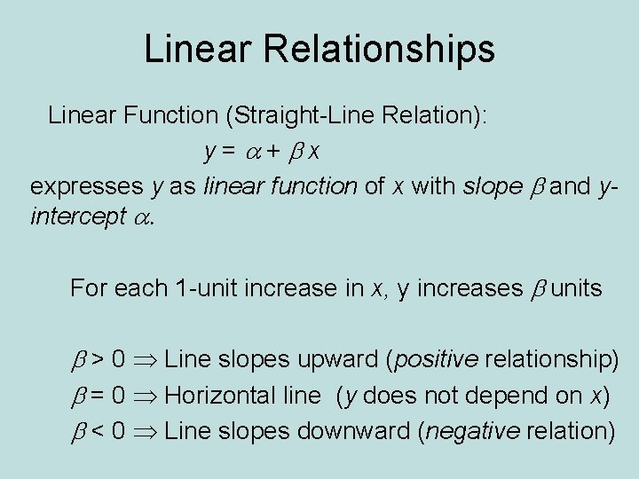 Linear Relationships Linear Function (Straight-Line Relation): y=a+bx expresses y as linear function of x