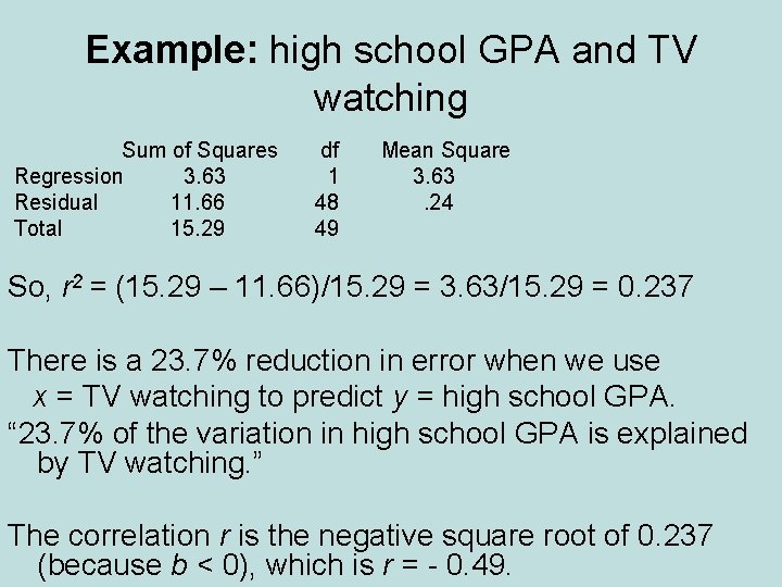 Example: high school GPA and TV watching Sum of Squares Regression 3. 63 Residual