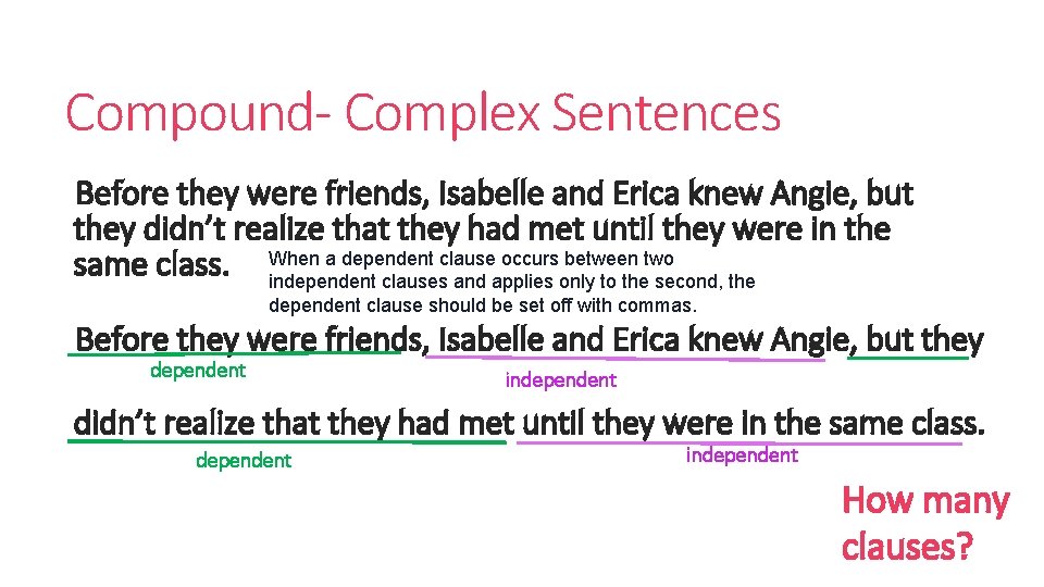 Compound- Complex Sentences Before they were friends, Isabelle and Erica knew Angie, but they