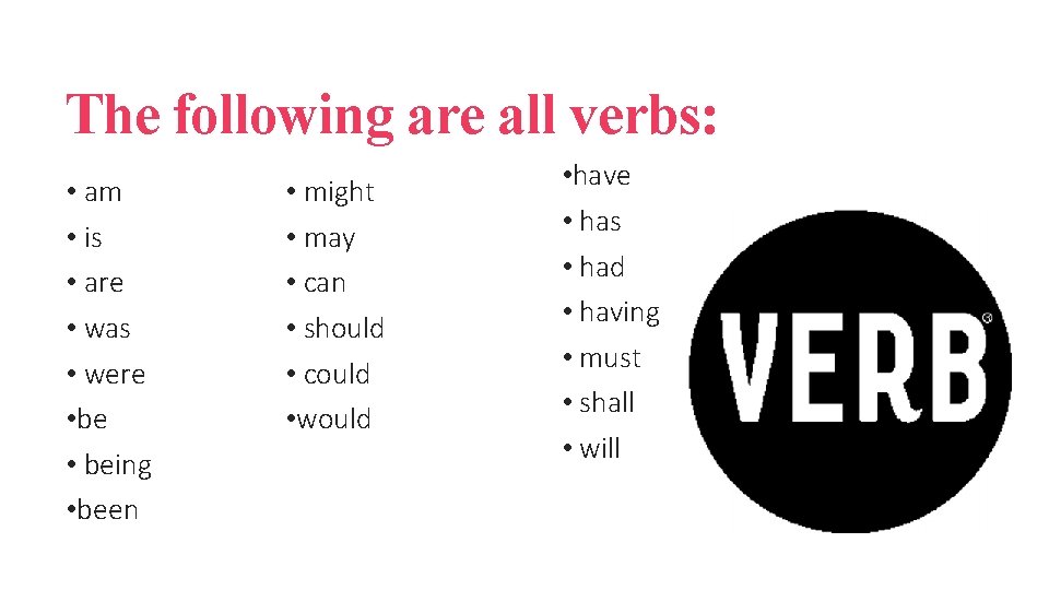 The following are all verbs: • am • is • are • was •