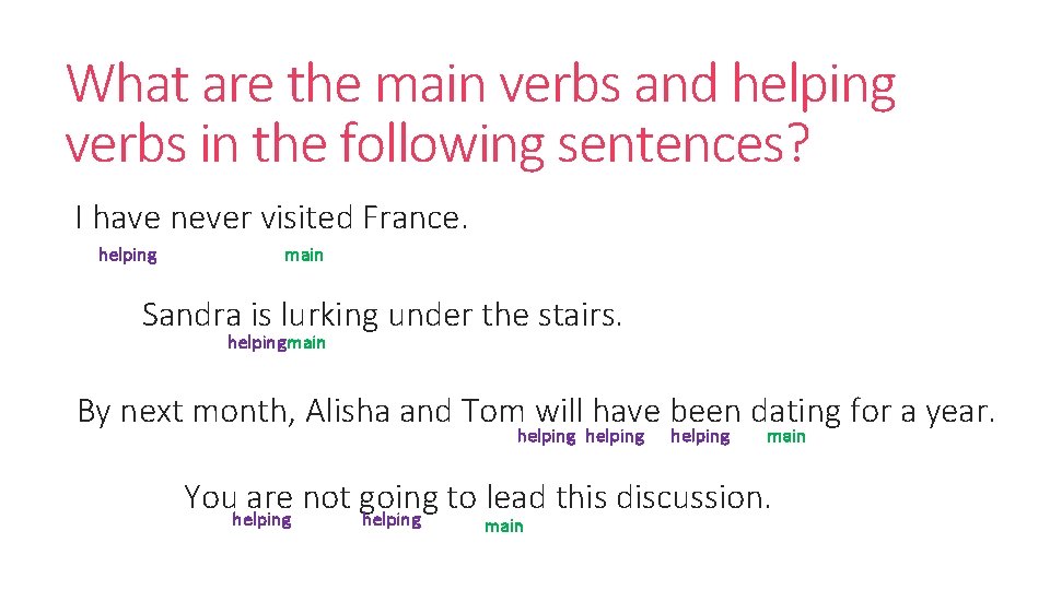 What are the main verbs and helping verbs in the following sentences? I have