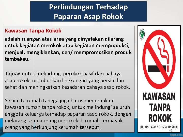 Perlindungan Terhadap Paparan Asap Rokok Kawasan Tanpa Rokok adalah ruangan atau area yang dinyatakan