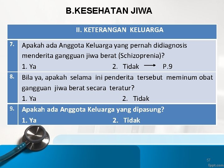B. KESEHATAN JIWA II. KETERANGAN KELUARGA Apakah ada Anggota Keluarga yang pernah didiagnosis menderita