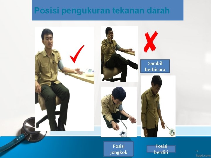 Posisi pengukuran tekanan darah Sambil berbicara Posisi jongkok Posisi berdiri 71 