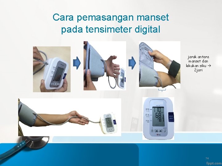 Cara pemasangan manset pada tensimeter digital jarak antara manset dan lekukan siku 2 jari