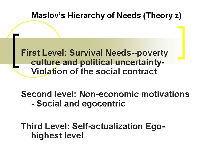 Maslov’s Hierarchy of Needs (Theory z) First Level: Survival Needs--poverty culture and political uncertainty.