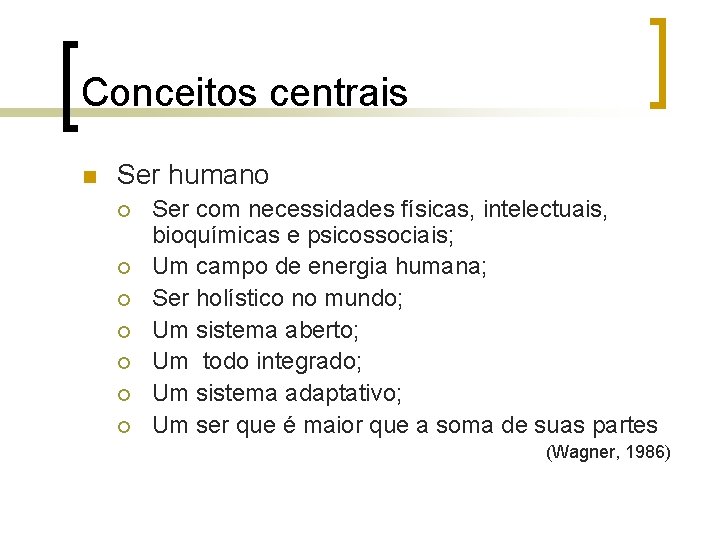 Conceitos centrais n Ser humano ¡ ¡ ¡ ¡ Ser com necessidades físicas, intelectuais,