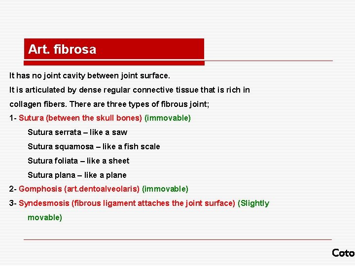 Art. fibrosa It has no joint cavity between joint surface. It is articulated by Art. fibrosa It has no joint cavity between joint surface. It is articulated by