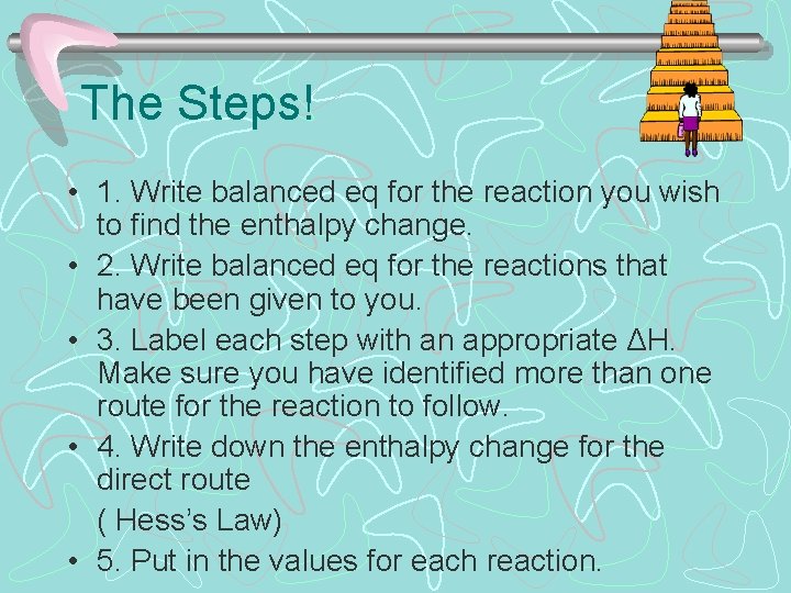 The Steps! • 1. Write balanced eq for the reaction you wish to find The Steps! • 1. Write balanced eq for the reaction you wish to find