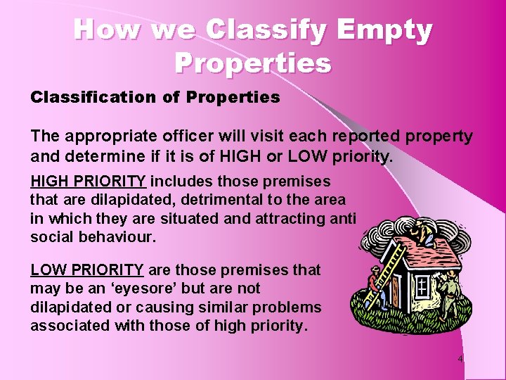 How we Classify Empty Properties Classification of Properties The appropriate officer will visit each